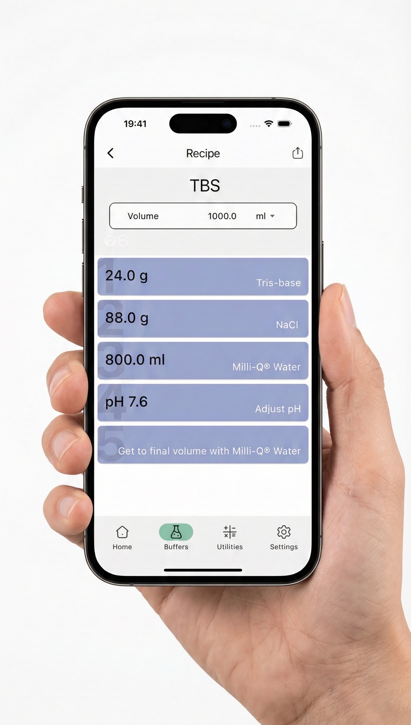 BenchMate app showing TBS recipe on smartphone in laboratory setting